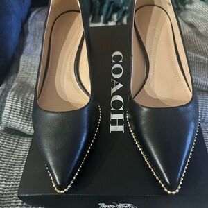 Coach Willa Black Leather Low Block Heel Pumps with Gold Beaded Trim-8.5